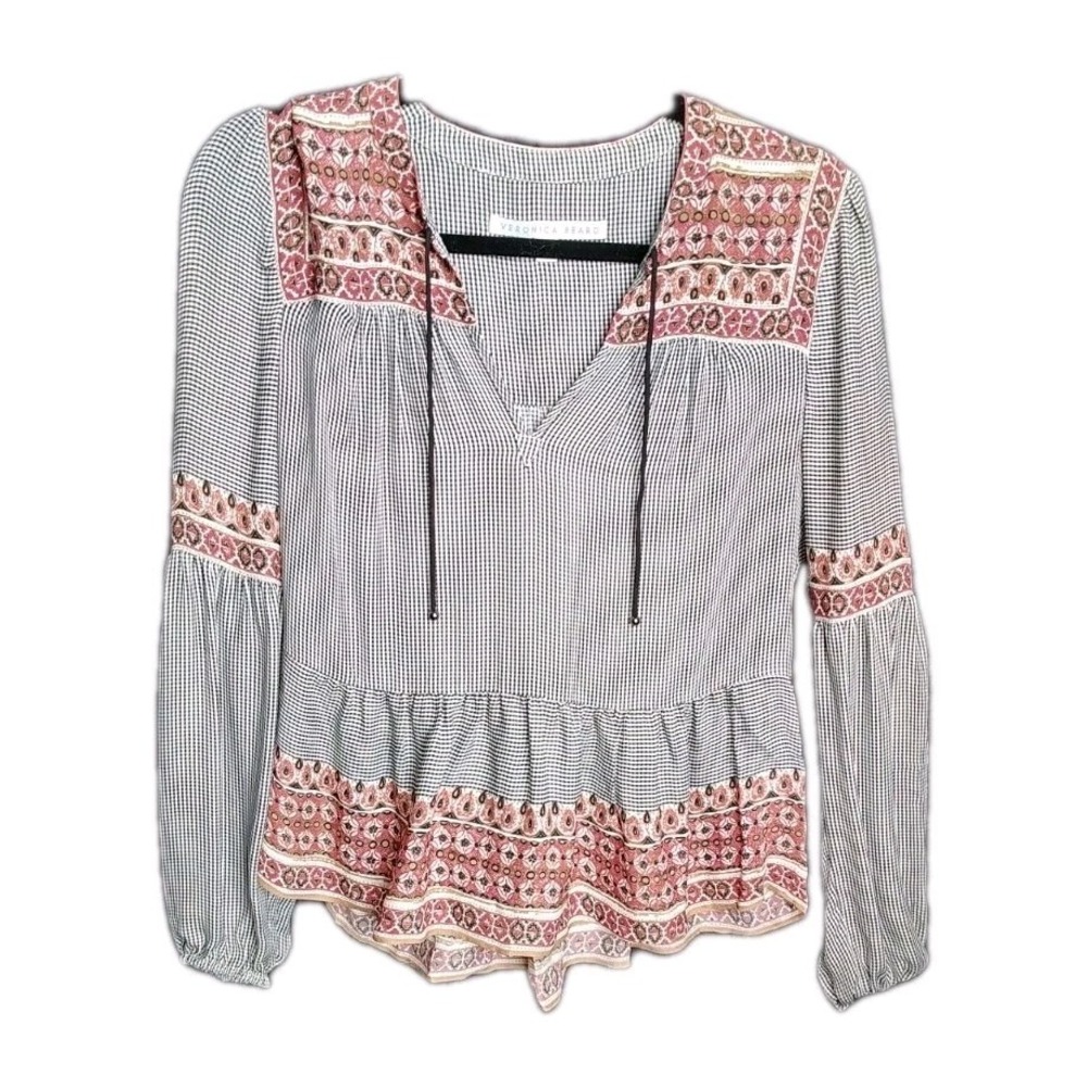 Veronica Beard Boho Silk Peplum Blouse Size 4 Gingham Floral Print Peasant‎ Top